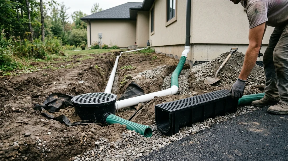 Catch basins at low spots, channel drains across driveways, and downspout connections tie surface — Columbia, MO