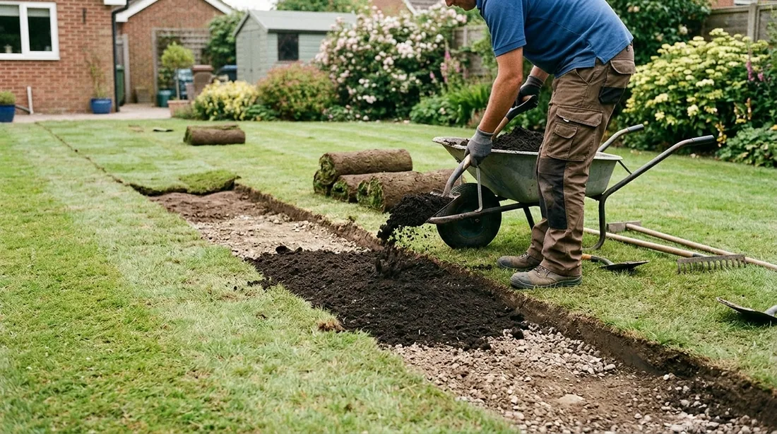 Backfill, topsoil and turf or planting over the trench line — Columbia, MO