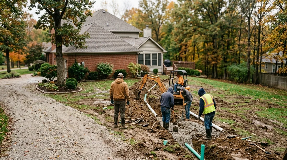 A small professional crew working on a yard drainage job at a property, seen from behind and at a — Columbia, MO