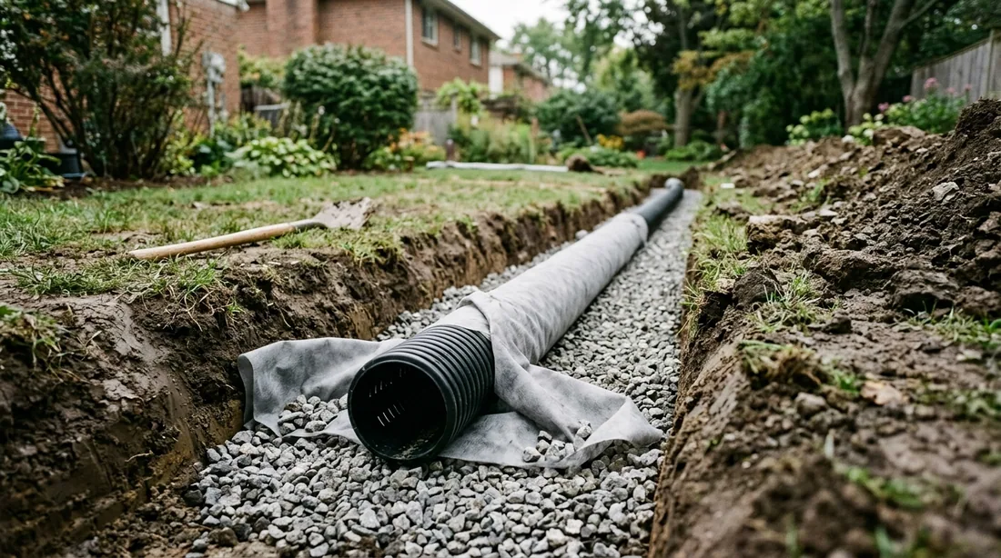 Perforated pipe bedded in washed stone, wrapped in filter fabric, laid to a consistent fall — Columbia, MO